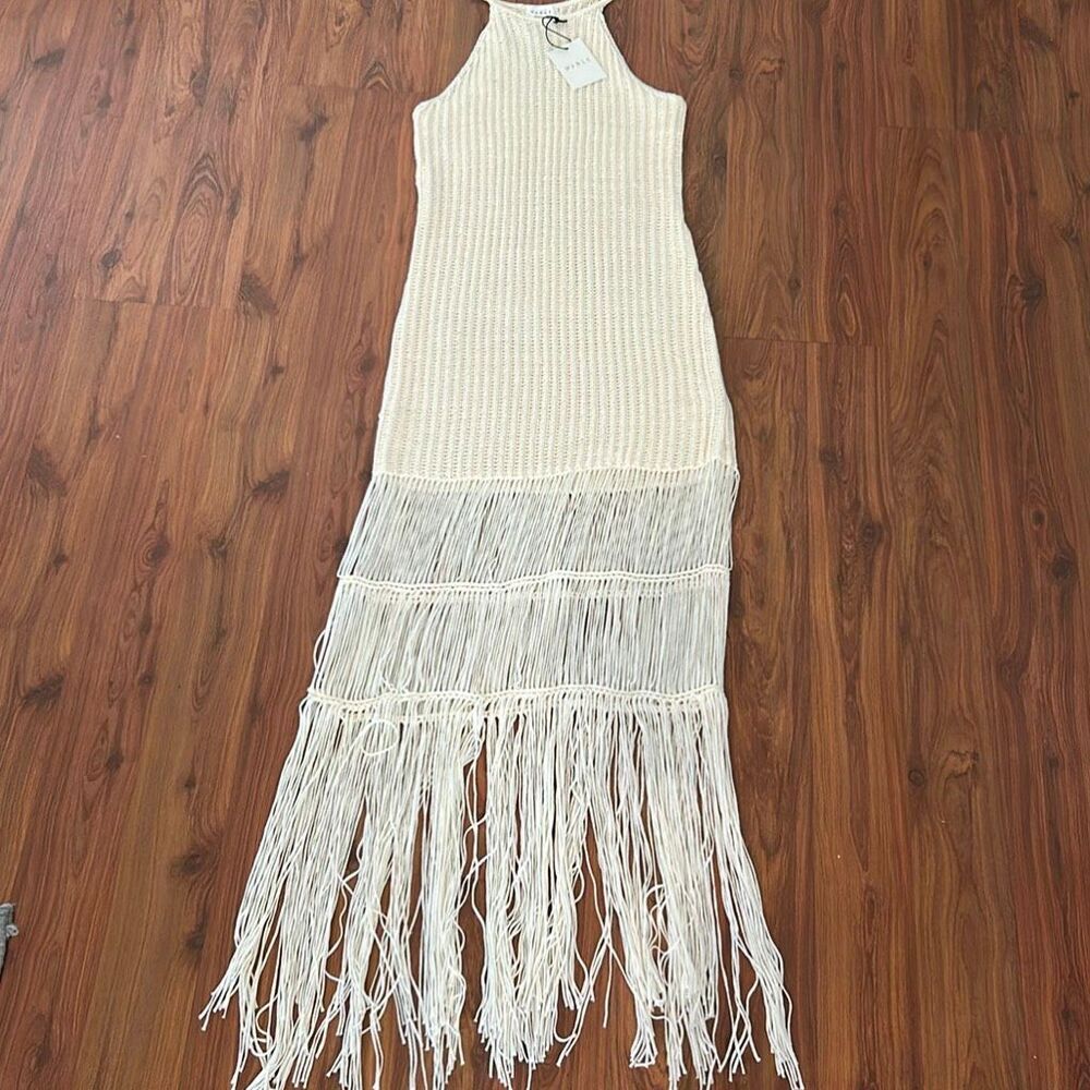 NWT Mable Anthropologie knit cream fringe bottom BoHo body con dress size small